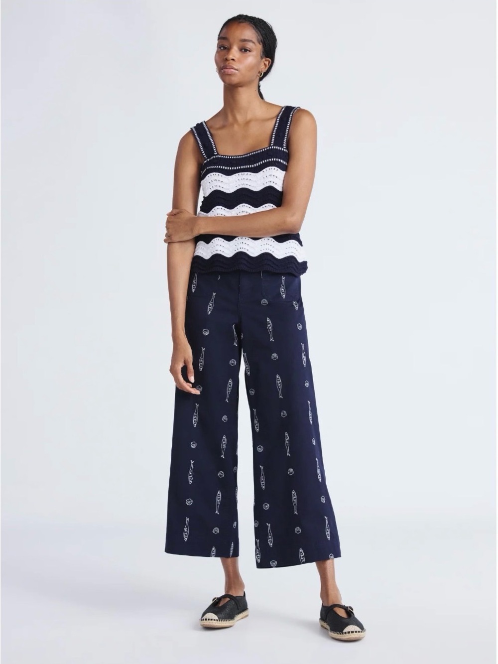 Free Assembly Navy Fish Print Wide Leg Utility Pants Size S Coastal Nautical NWT